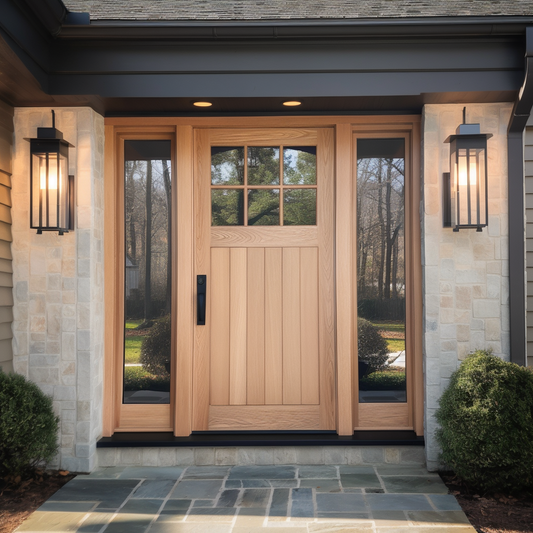 a home's front door with large glass panels, in the style of precisionist lines and shapes, 32k uhd, cottagepunk, naturalistic lighting, yankeecore, combining natural and man-made elements, traditional craftsmanship