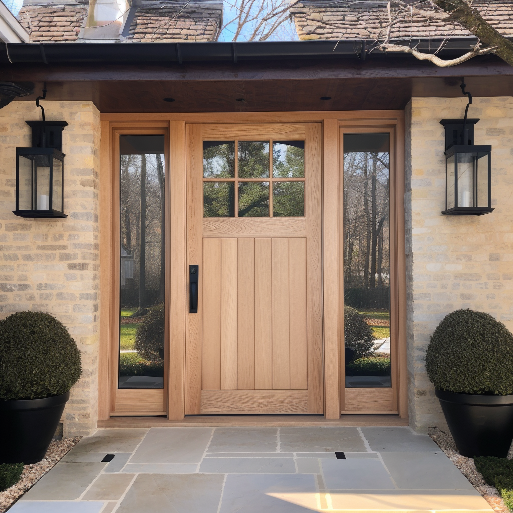 a brick and wood home with a wooden door, in the style of soft tonal transitions, traditional craftsmanship, american studio craft movement, nature-inspired pieces, clear and crisp, symmetrical arrangements, light pink