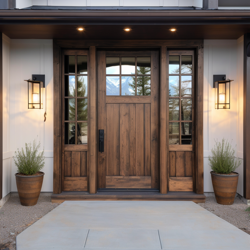 A beautiful knotty alder bespoke usa handcrafted 1/4 light door, 6 grid lite, with sidelights on a modern farmhouse, all white board and batan bronze gutters.