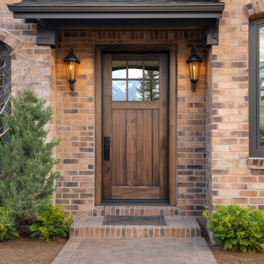 A beautiful knotty alder bespoke usa handcrafted 1/4 light door, 6 grid lite, on a brick home with classic sconces and black trim.