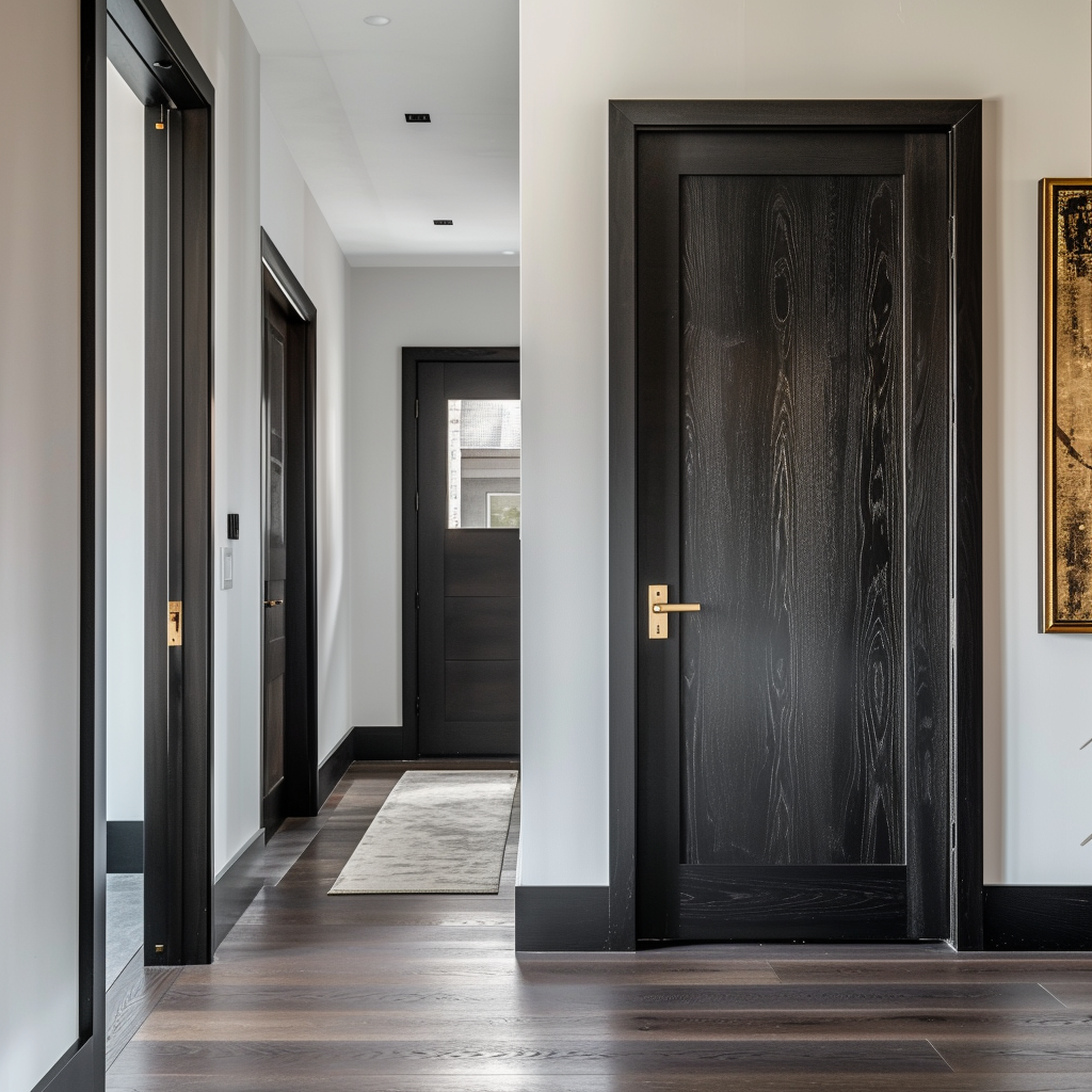custom bespoke usa made craftsman interior red oak door in home. black stained.