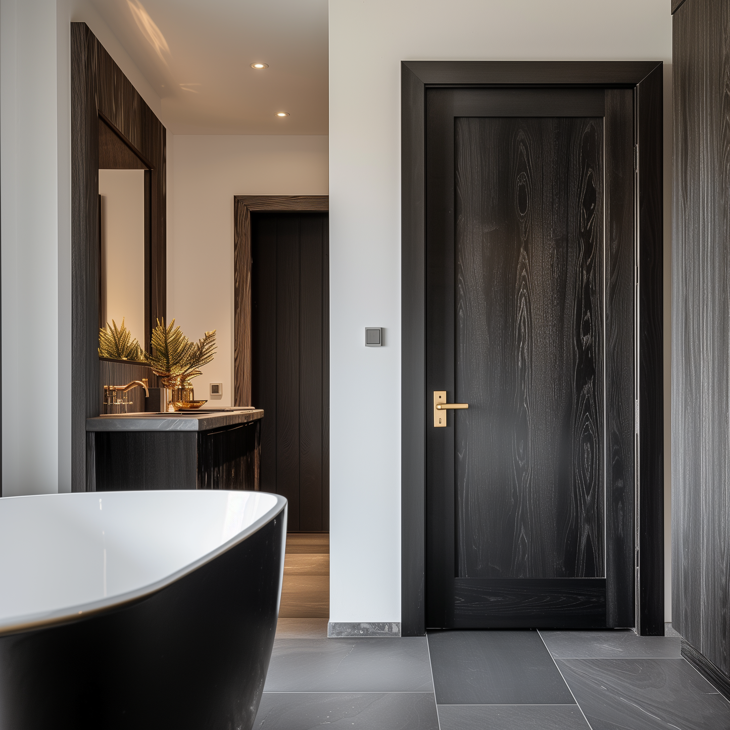 custom bespoke usa made craftsman interior red oak door in home. black stained bathroom, moody