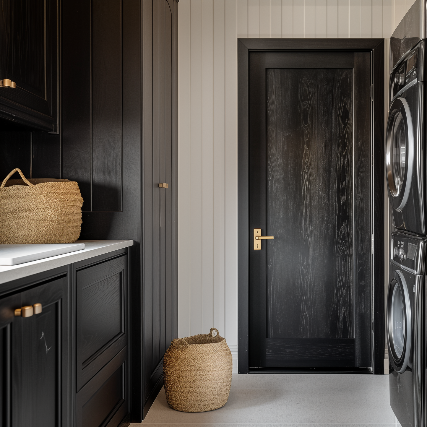 custom bespoke usa made craftsman interior red oak door in home. black stained.. dark laundry room