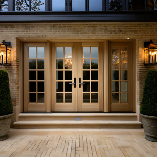 Full glass solid white oak front exterior double door with sidelights. Fully customizable and built by skilled craftsmen in the USA, made in america. Pictured on a brick home with black fascia.