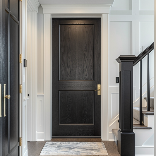 beautiful bespoke custom interior handcrafted unique red oak hardwood door in a beautiful entryway.