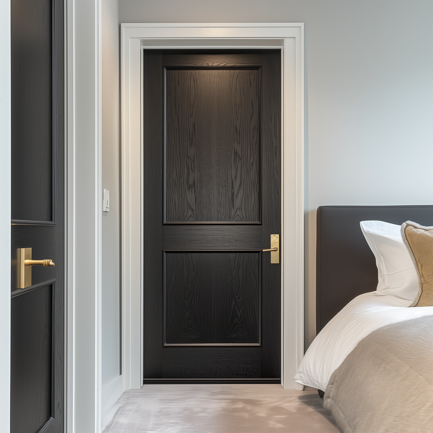 beautiful bespoke custom interior handcrafted unique red oak hardwood door in a beautiful modern bedroom