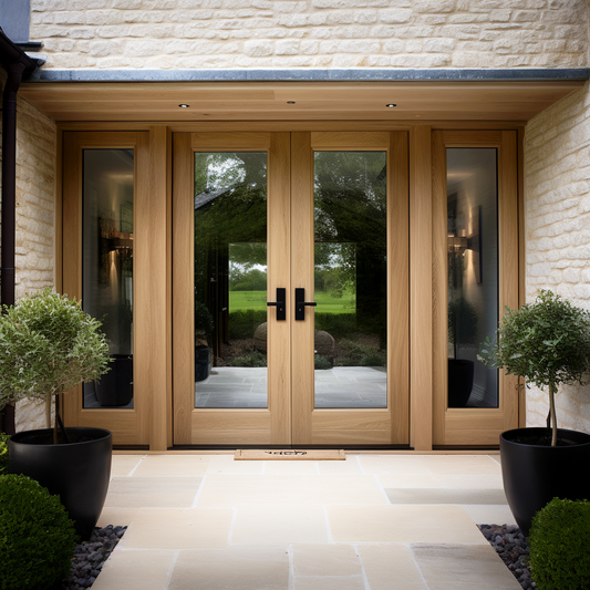 Full Glass White oak double door with sidelights. Modern sleek door. Fully customizable and bespoke. Made in America by craftsmen. On a white washed brick modern farmhouse.