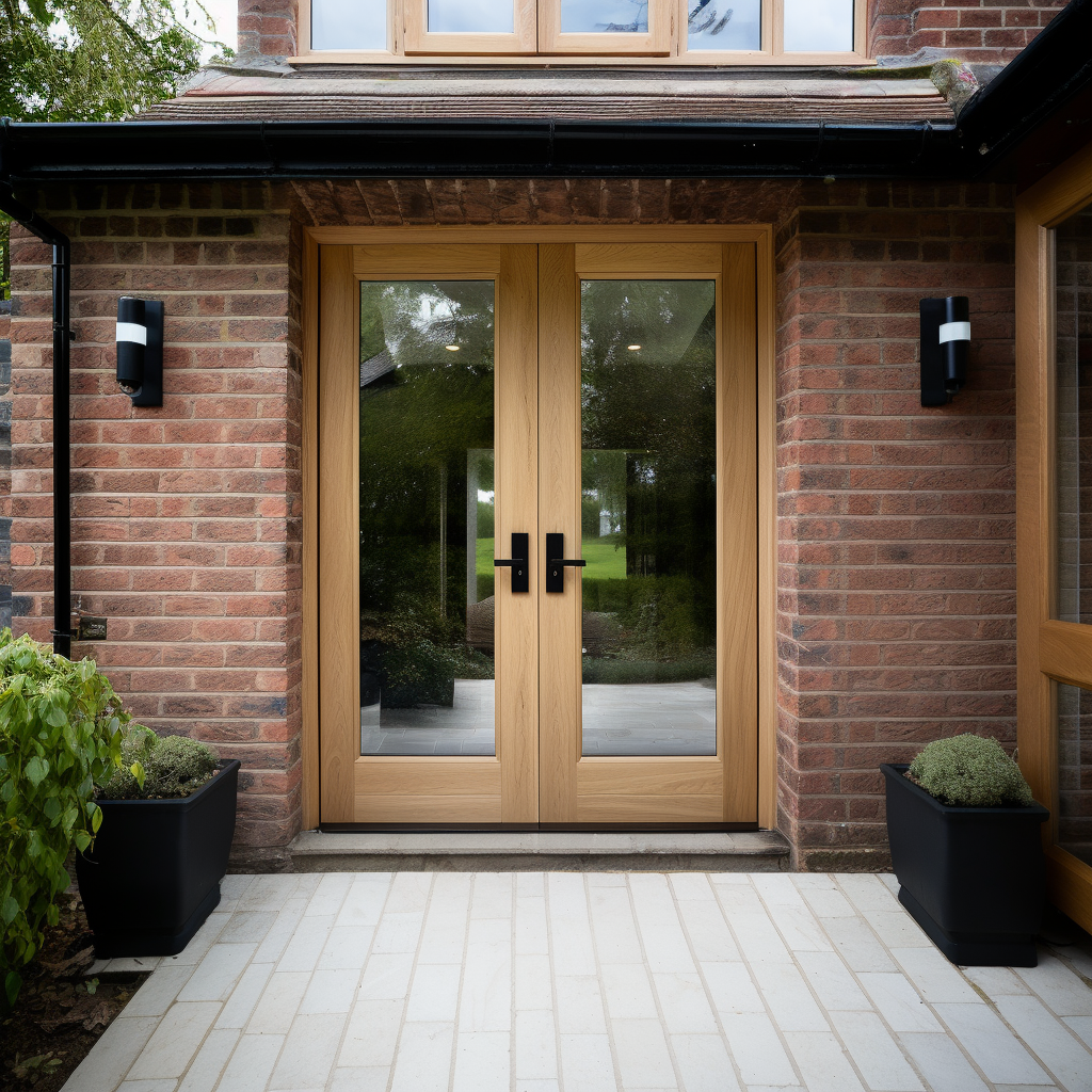 Full Glass White oak double door. Modern sleek doors. Fully customizable and bespoke. Made in America by craftsmen. On a craftsman brick home.