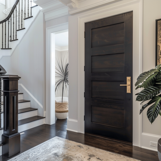 A bespoke custom solid hardwood red oak darn stained interior custom made in usa door, in entryway dark floors
