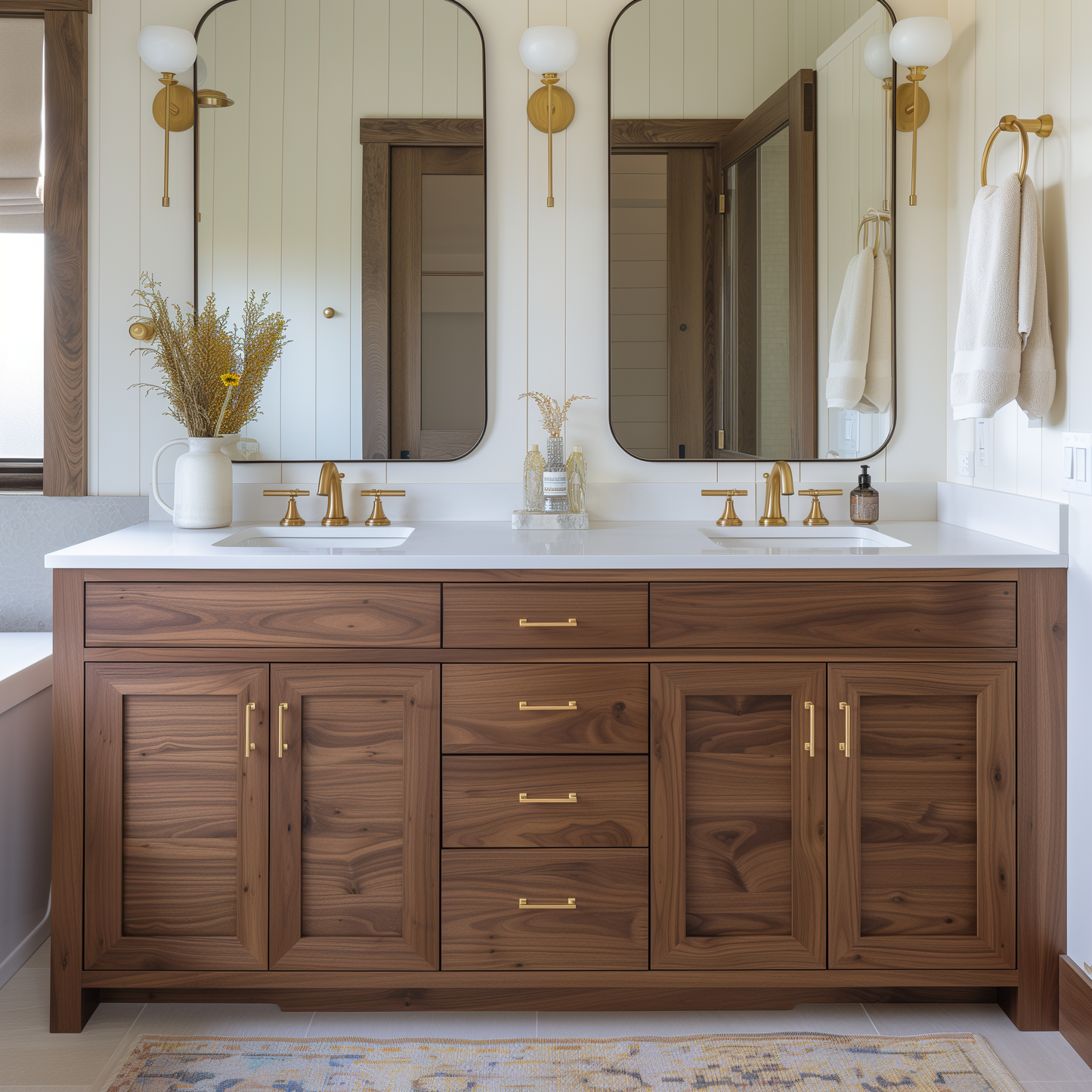 Double vanity, gold/brass hardware bespoke, customize fully customizable solid hardwood walnut built by hand handcrafted with drawers.