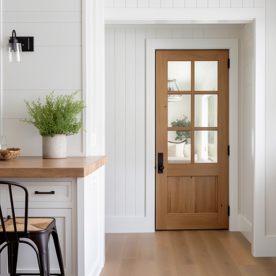 An oak bespoke custom handcrafted wood and glass interior door. Shown in a country french modern farmhouse clean hallway mudroom
