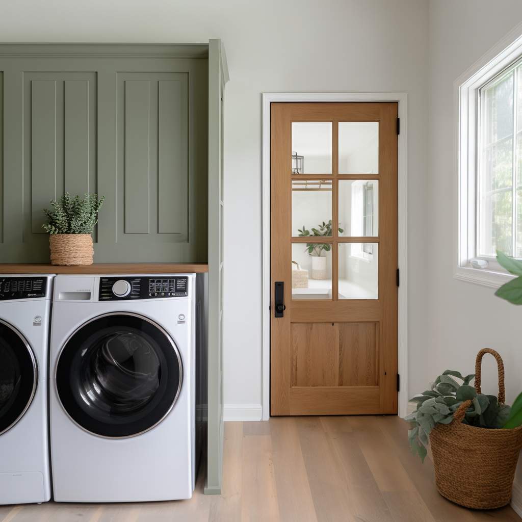 An oak bespoke custom handcrafted wood and glass interior door. Shown in a country french modern farmhouse laundry room with green walls.