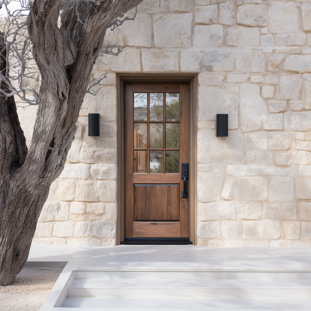The Ethan exterior front door, bench-built bespoke and fully customizable wood hardwood door made to order. Knotty alder and glass. Pictured on a beautiful European or Mediterranean style home with white washed stone walls