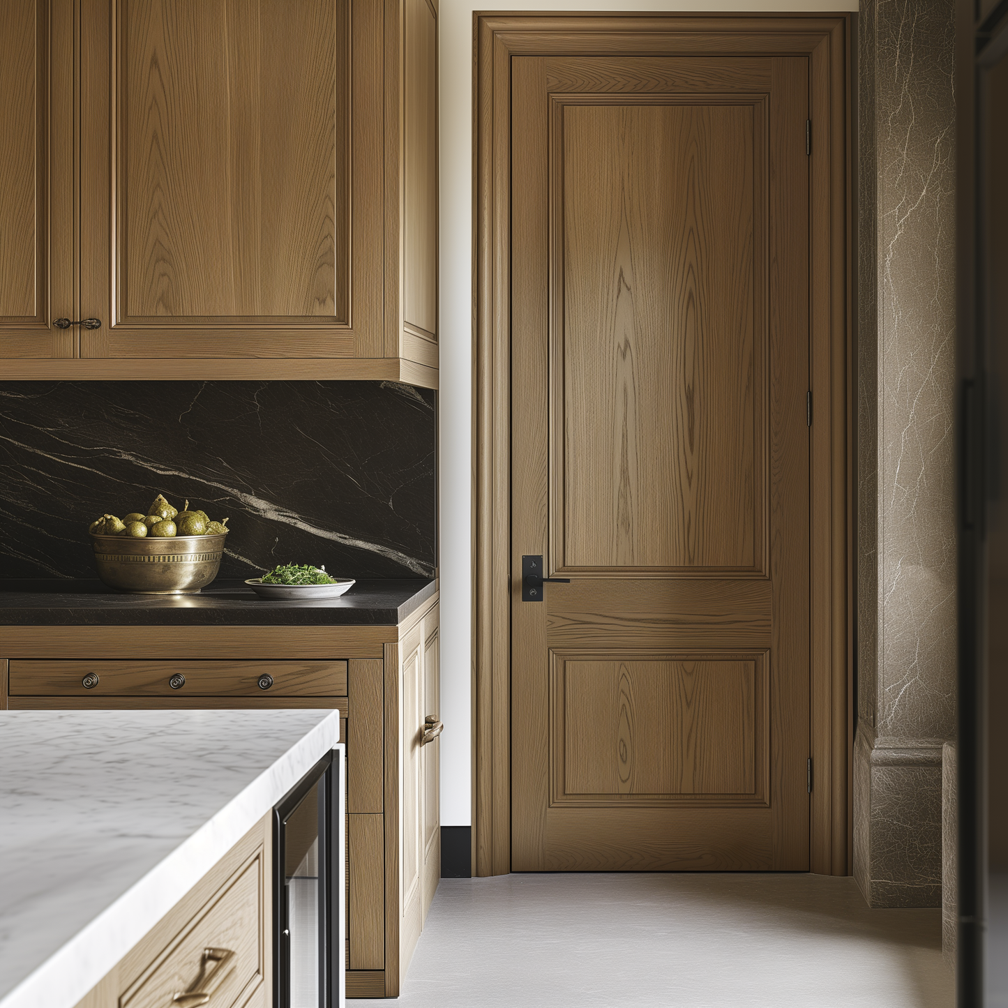 fern classic solid wood oak bespoke customizable fully custom made to order interior door in a beautiful raw white oak kitchen with black back splash