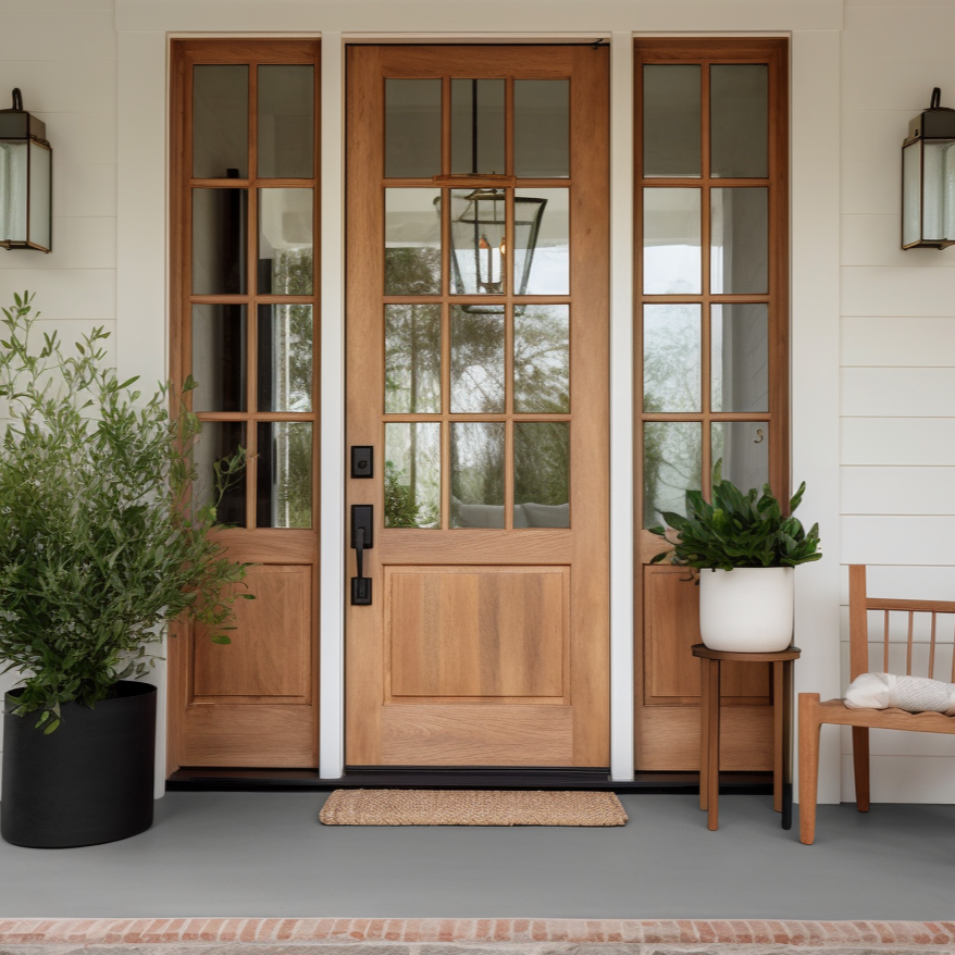 Handcrafted Oak and Glass Front Exterior Door with Side Lights, Grid, Honey Color