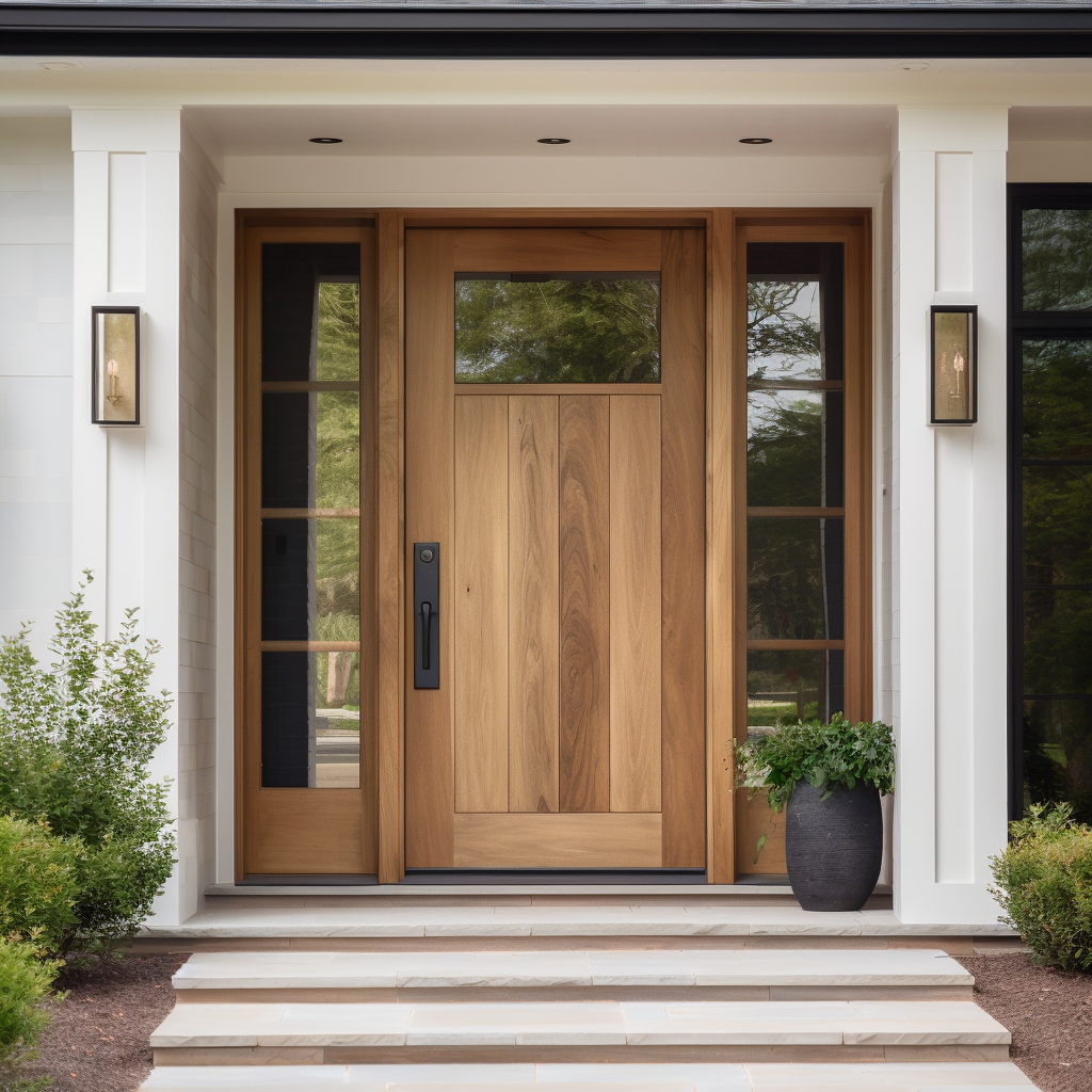 a wooden custom solid walnut and glass front door with sidelights sidelites and concrete steps at a home, in the style of light-filled landscapes, precisionist lines, dutch tradition, clear edge definition, 8k, cottagecore, handcrafted beauty