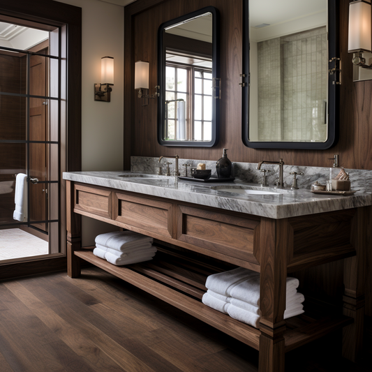 Custom built by hand fully customizable black walnut double vanity. Open bottom shelf.