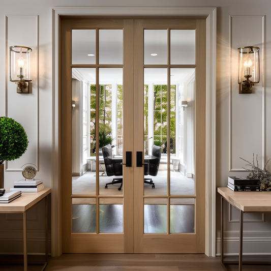 handcrafted, custom, made in America from solid hardwood white oak and class, fully customizable double interior door.