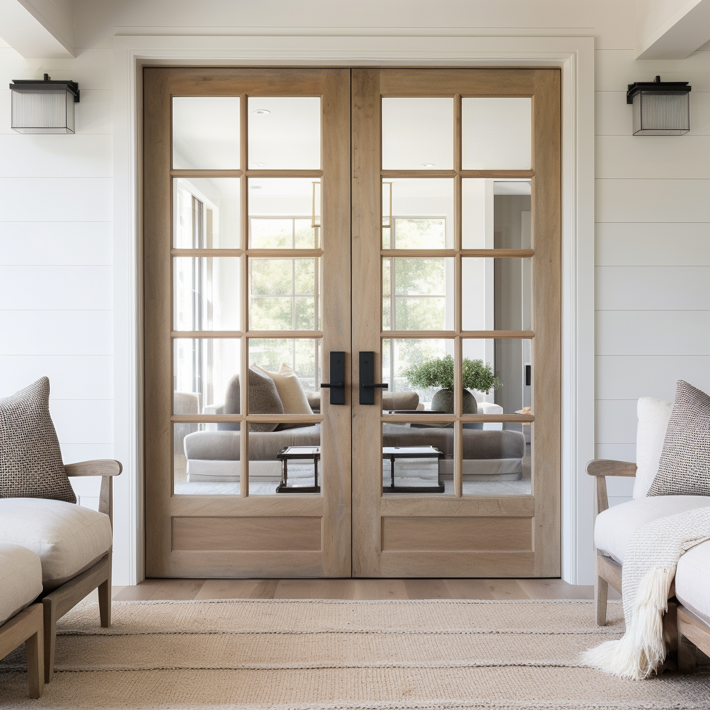 Bespoke custom handcrafted solid white oak hardwood double interior door with glass. In a modern farmhouse sitting room