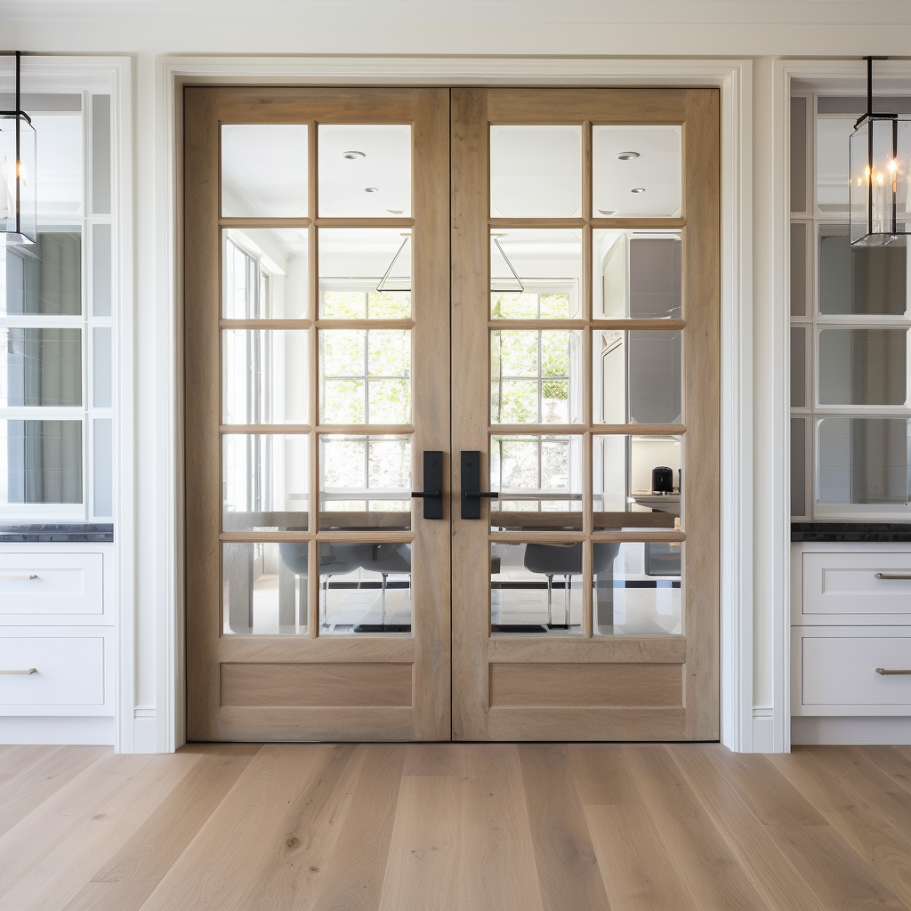 Bespoke custom handcrafted solid white oak hardwood double interior door with glass. In a white modern dining room