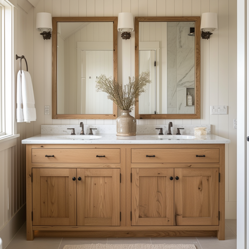 Lucas double vanity made bespoke from solid white oak custom built to order in usa, farmhouse shiplap bathroom with framed mirrors