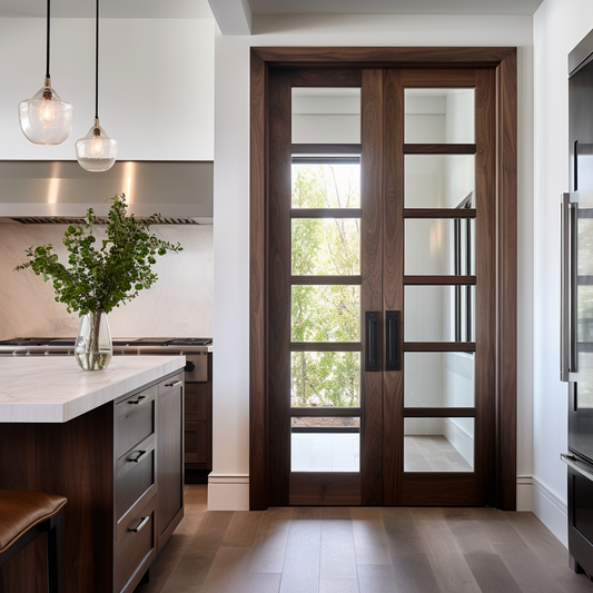 Custom bespoke handcrafted and fully customizable made in usa america walnut wood and glass double interior door. 6 light divided vertical glass. Pictured in a custom walnut modern farmhouse kitchen door.