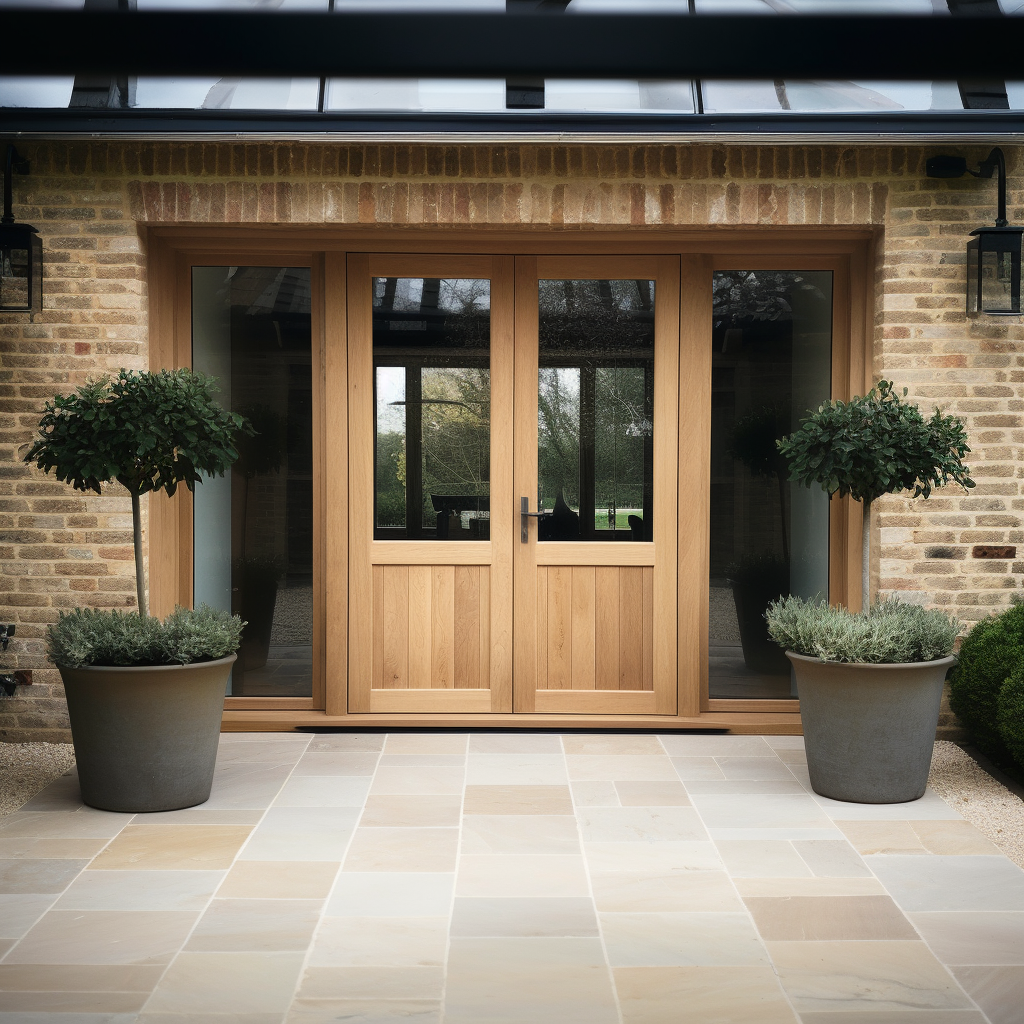 Solid White Oak Double Exterior Front Doors, Handcrafted, bespoke, clean lines, modern, shaker panel, sidelights, sidelites, brick house, Mediterranean, clean modern stone walkway, beam overhang.