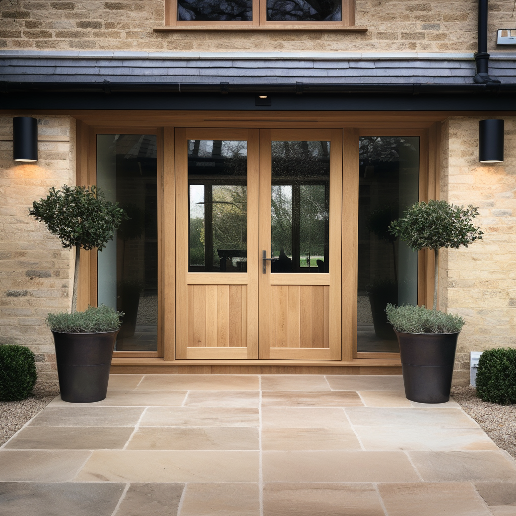 oak exterior door with sidelightsSolid White Oak Double Exterior Front Doors, Handcrafted, bespoke, clean lines, modern, shaker panel, sidelights, sidelites, Mediterranean, black shingles, clean modern stone walkway, beam overhang.