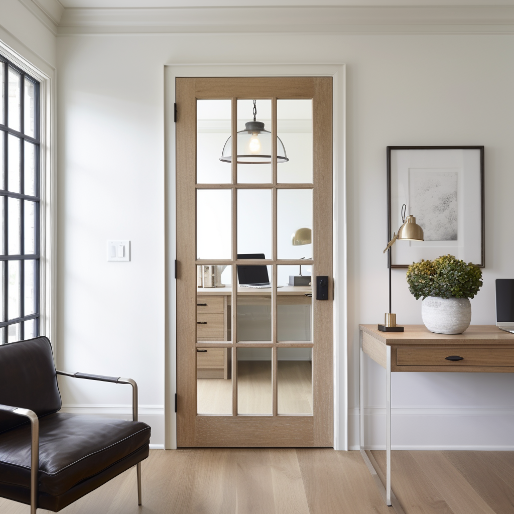 Handcrafted and built to order by skilled craftsmen, this oak and glass interior door with 12 divided lights. Pictured in a home office setting