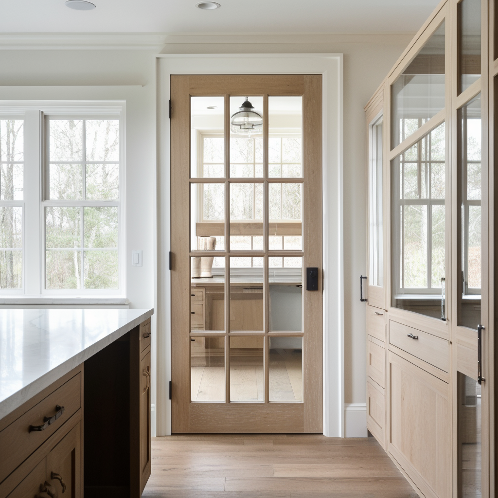Handcrafted and built to order by skilled craftsmen, this oak and glass interior door with 12 divided lights. Pictured in a bright and light custom oak kitchen and butler pantry