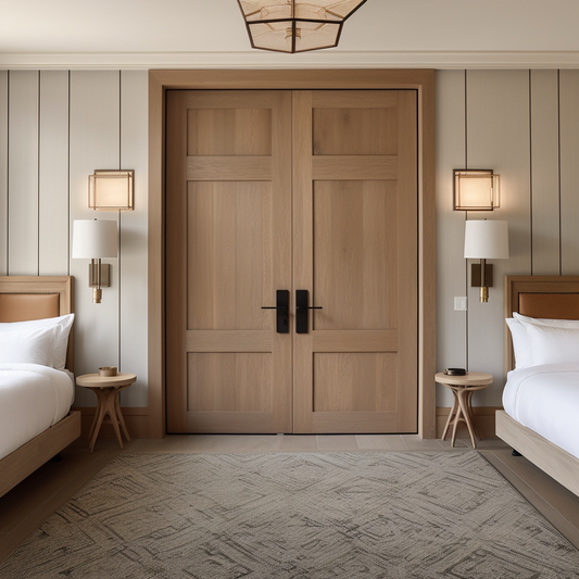 White oak, bespoke custom built to order customizable wood double interior door. Shown in a beautiful contemporary bedroom.