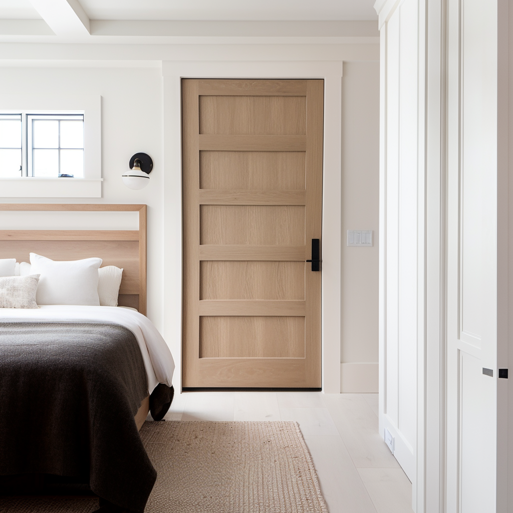 A handcrafted custom 5 panel white oak bespoke interior door. Pictured in a minimalist white modern farmhouse bathroom door