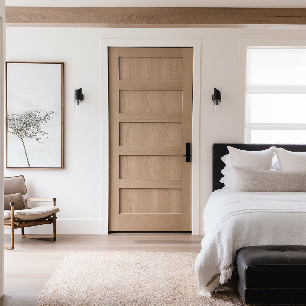 A handcrafted custom 5 panel white oak bespoke interior door. Pictured in a minimalist white modern farmhouse bathroom door