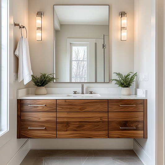 floating bespoke solid walnut vanity, custom and fully customizable, made in usa