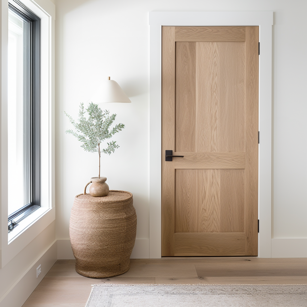 A two-panel interior real wood white oak bespoke handcrafted fully customizable custom door. Pictured in a white modern farmhouse closet hallway door