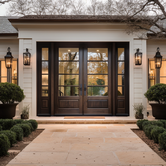 A solid oak custom double door, handcrafted, hand built to order, bespoke, glass panels, sidelights sidelite, white siding, cottage traditional