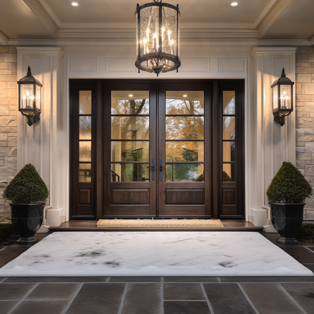 A solid oak custom double door, handcrafted, hand built to order, bespoke, glass panels, sidelights sidelite, white siding, traditional, elegant