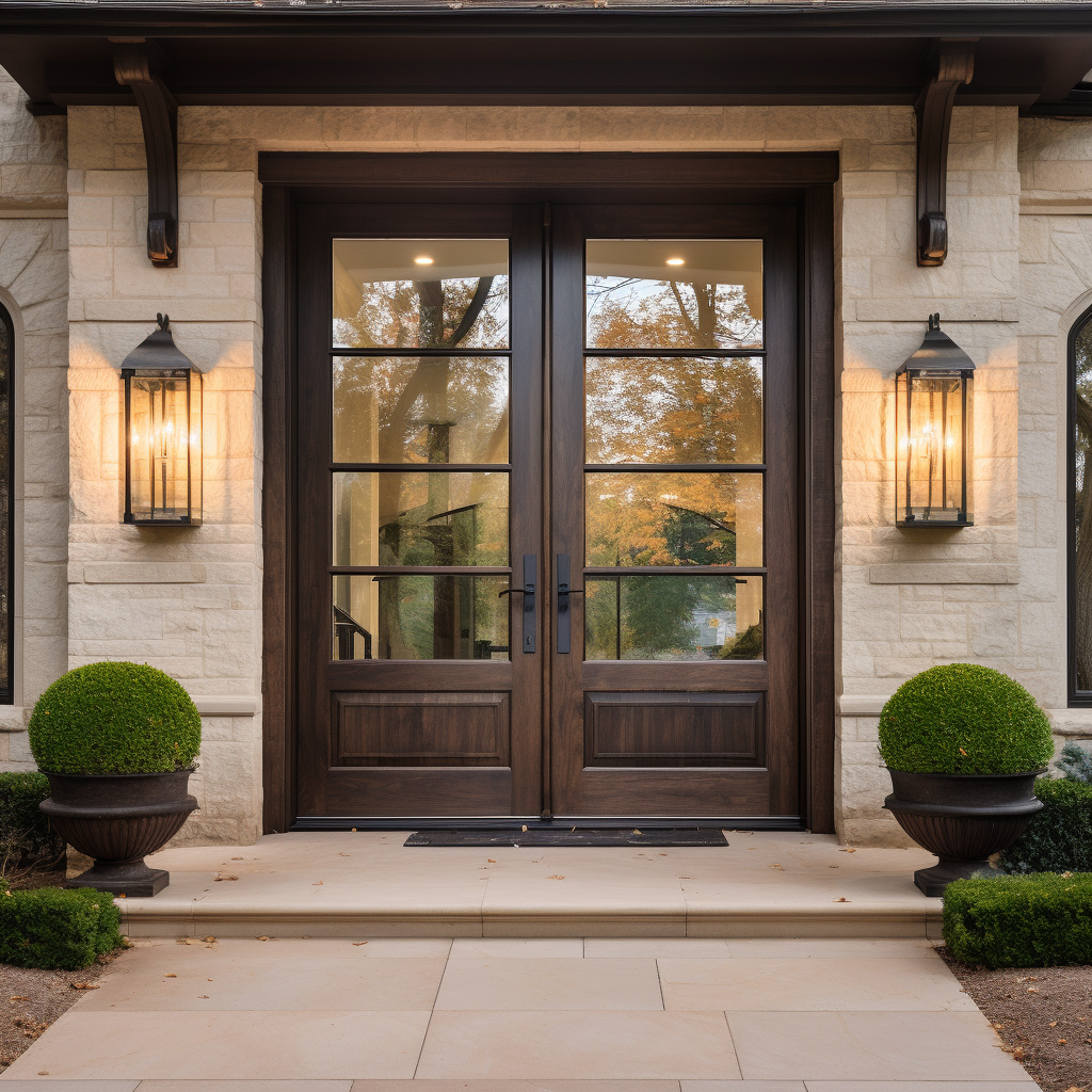 A solid oak custom double door, handcrafted, hand built to order, bespoke, glass panels, whitewashed stone and brick, elegant