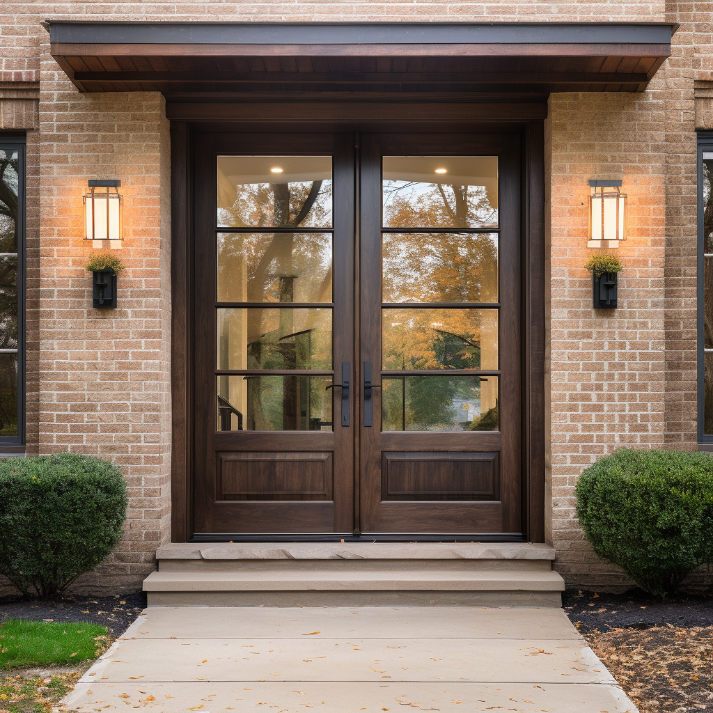 A solid oak custom double door, handcrafted, hand built to order, bespoke, glass panels, traditional brick, brownstone