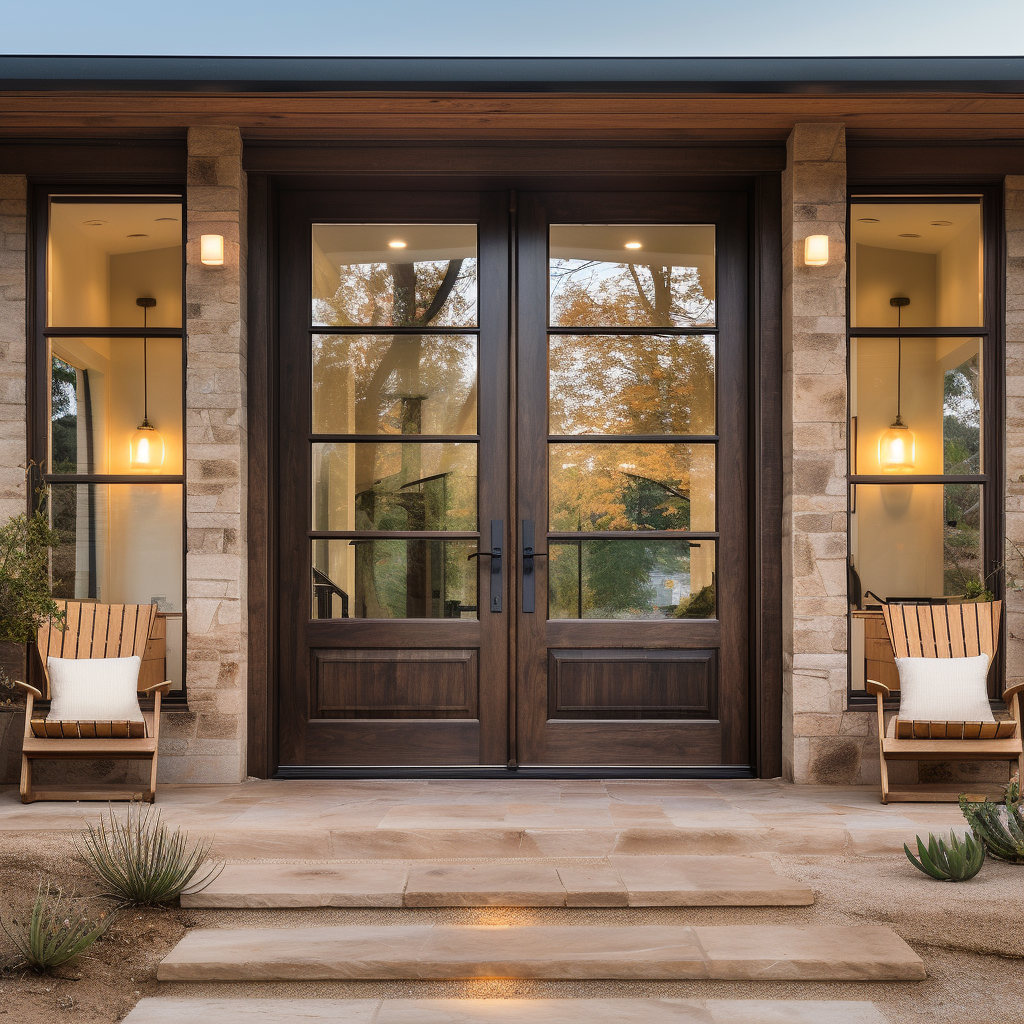 A solid oak custom double door, handcrafted, hand built to order, bespoke, glass panels, stone siding, craftsman