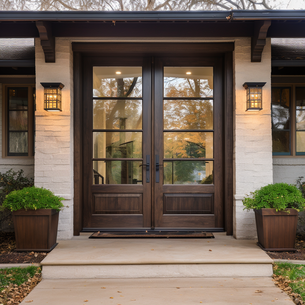 A solid oak custom double door, handcrafted, hand built to order, bespoke, glass panels, sidelights sidelite, white siding, cottage traditional