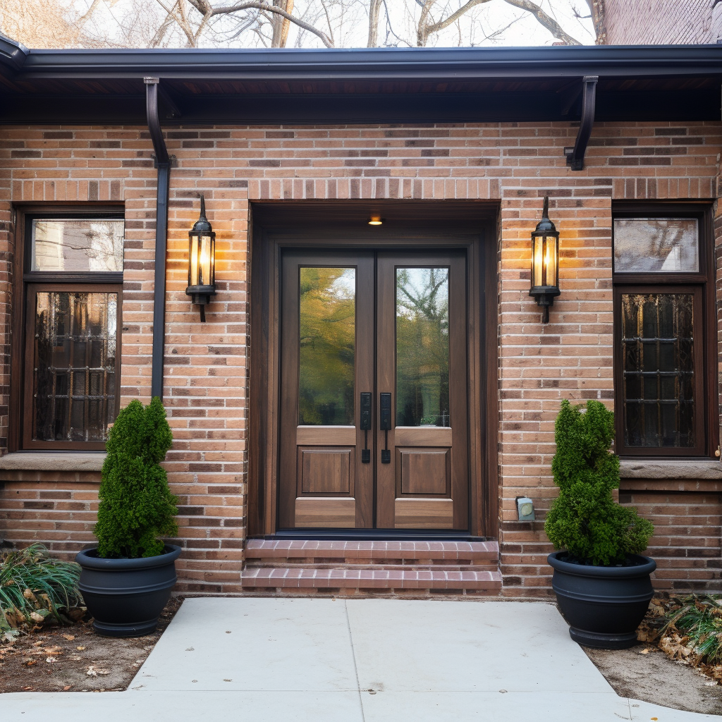 A bespoke walnut and 1/2 glass door. Handcrafted in the USA and fully customizable. Displayed on a classic brick home. Countryside, English.
