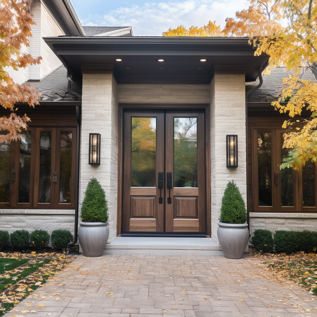 A bespoke walnut and 1/2 glass door. Handcrafted in the USA and fully customizable. Displayed on a modern farmhouse white stone house with wood accents and dark overhang.