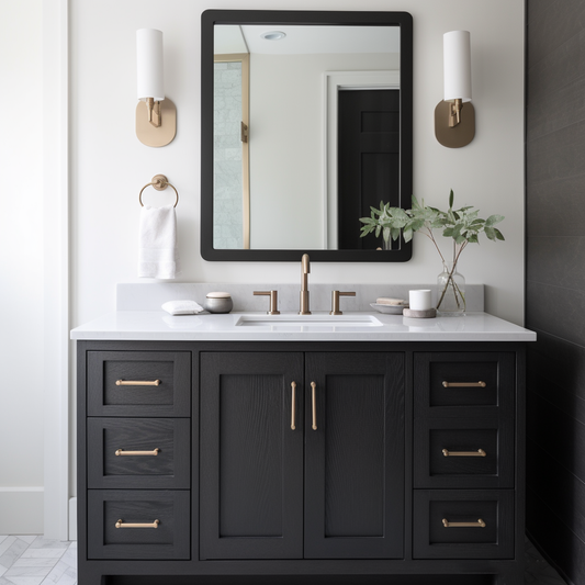 black oak vanity with brass accents, modern clean line bathroom, fully customizable and custom build to order in the USA american made bespoke unique