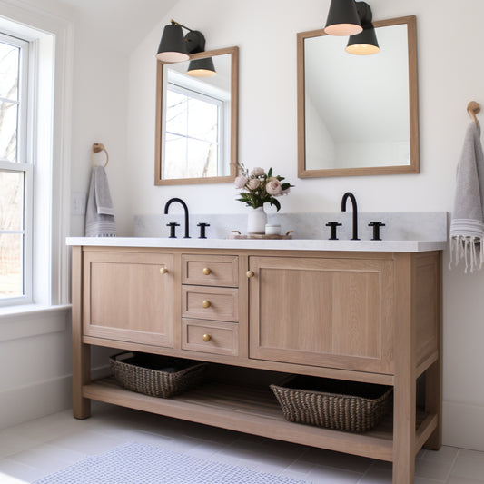 Double oak customizable handmade solid hardwood custom bespoke vanity with two doors, three drawers, and a bottom shelf.