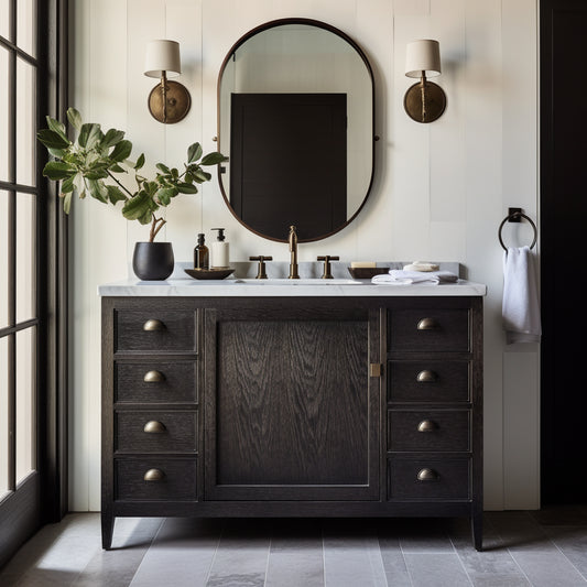 fully custom solid hardwood oak single vanity customizable built to order by carpenters craftsmen 8 drawers stained black oak.