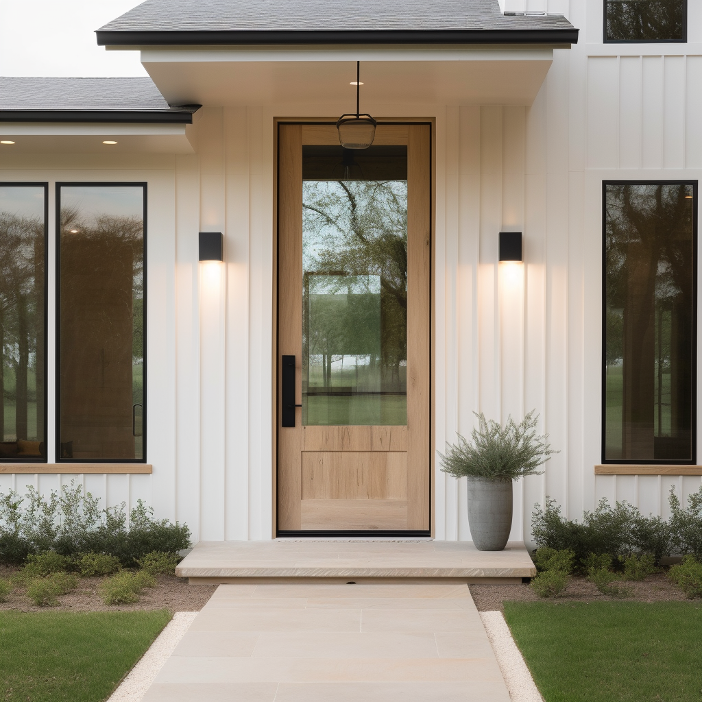 The Willow Door without Sidelights, white board and batten house, black trimmed windows, handcrafted door usa, bespoke custom