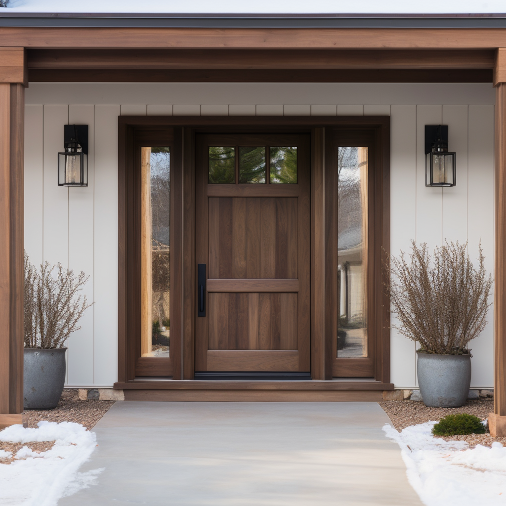 A 1/4 3 light, two wood panel solid walnut door with sidelights. Custom built to order in the USA, made in America. Customizable. On a modern farmhouse ranch style home with white vertical boards, wood trim,