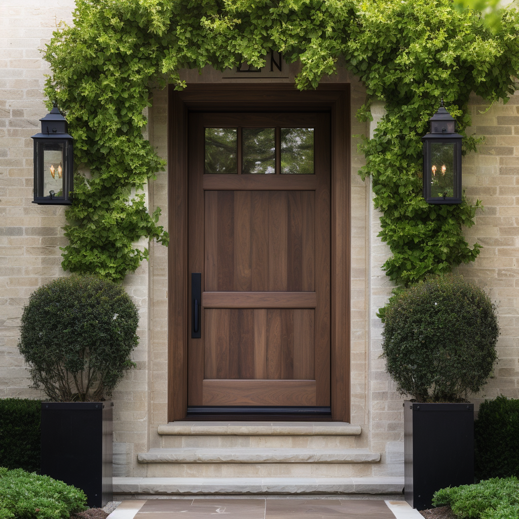 A 1/4 3 light, two wood panel solid walnut single exterior front door. Custom built to order in the USA, made in America. Customizable. On a brick cottage with overgrown vines. Countryside