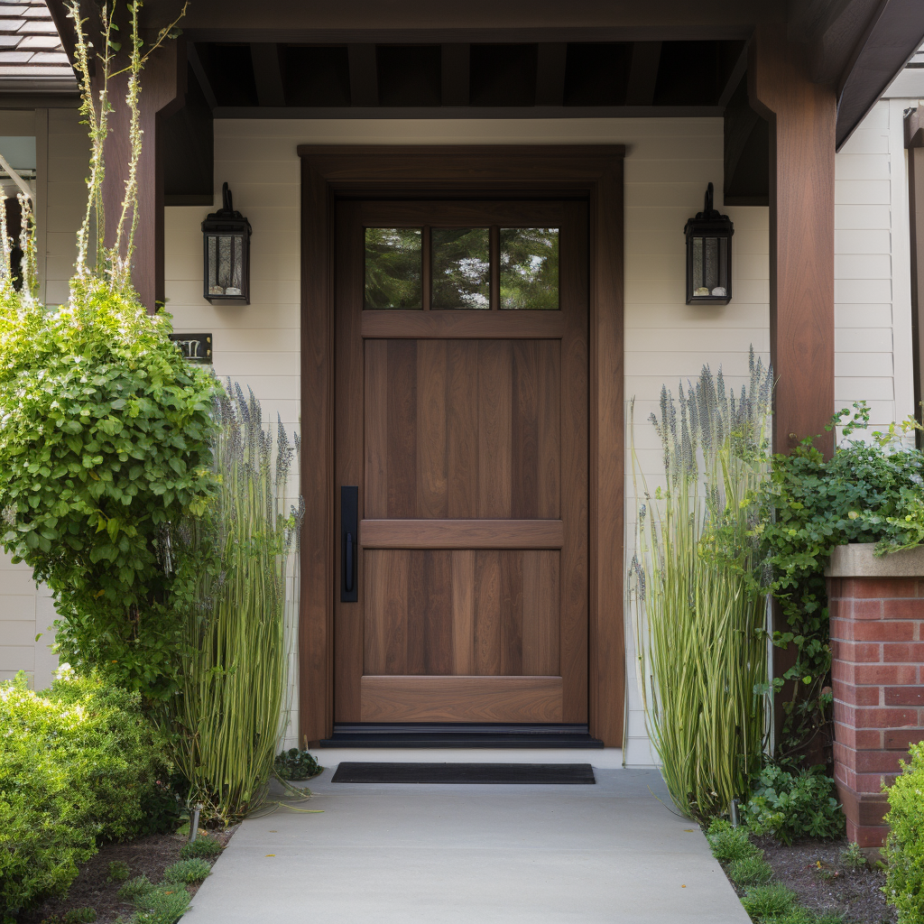A 1/4 3 light, two wood panel solid walnut single exterior front door. Custom built to order in the USA, made in America. Customizable. On a farmhouse style cottage with white siding and greenery